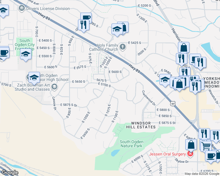 map of restaurants, bars, coffee shops, grocery stores, and more near 1059 East 5675 South in Ogden