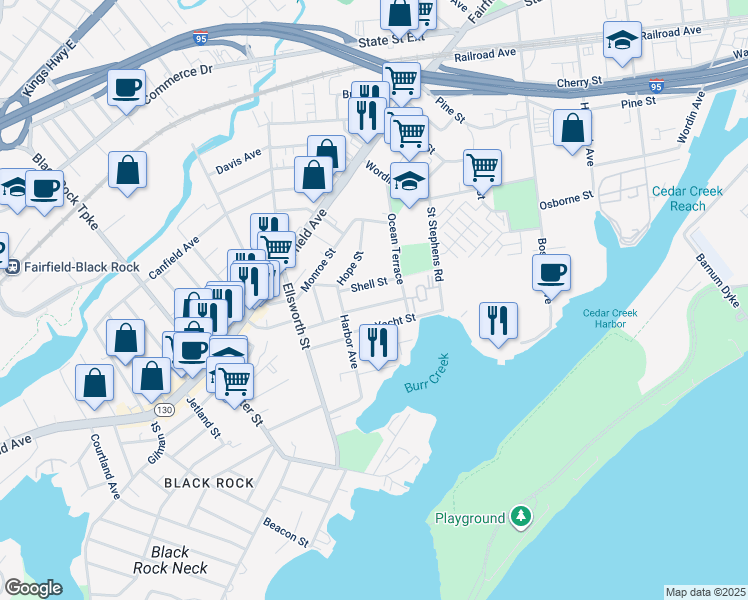 map of restaurants, bars, coffee shops, grocery stores, and more near 155 Shell Street in Bridgeport
