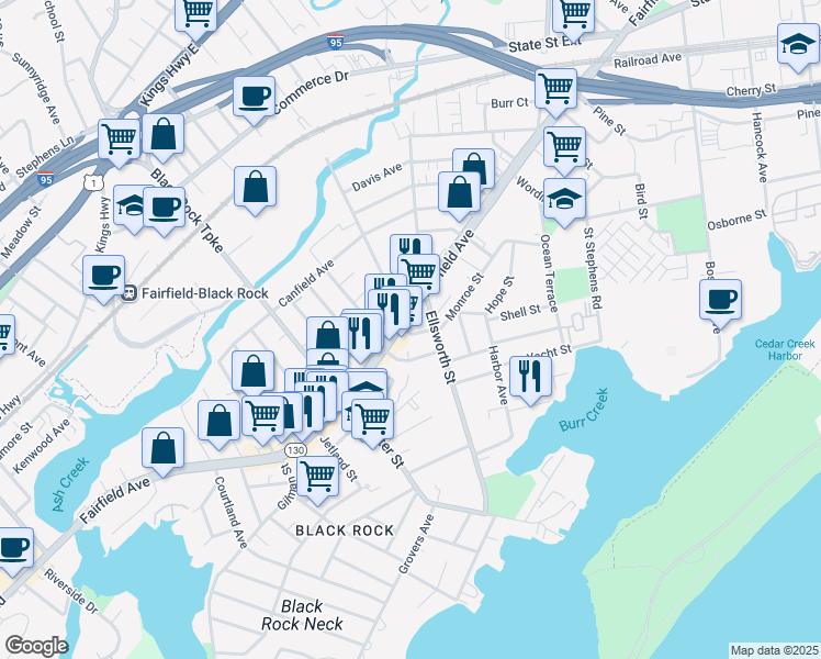map of restaurants, bars, coffee shops, grocery stores, and more near 2615 Fairfield Avenue in Bridgeport