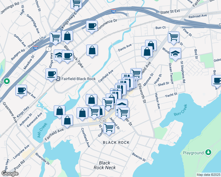 map of restaurants, bars, coffee shops, grocery stores, and more near 122 Princeton Street in Bridgeport