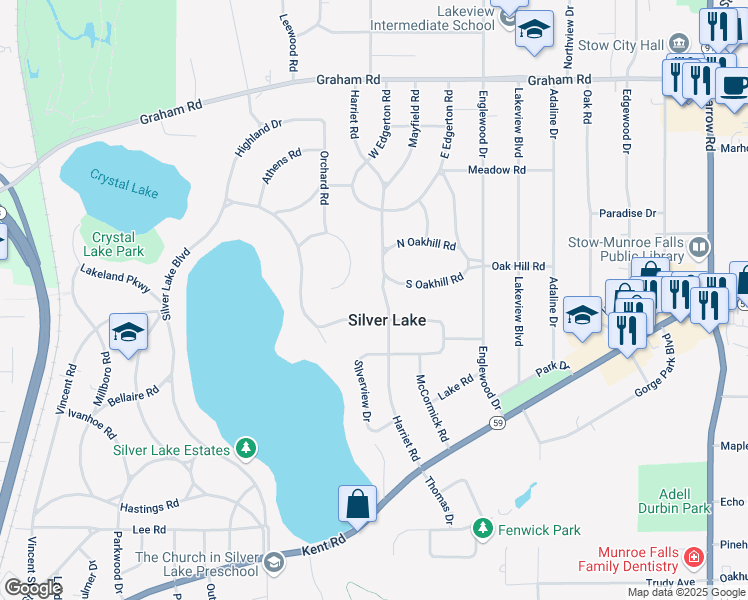 map of restaurants, bars, coffee shops, grocery stores, and more near 3030 Harriet Road in Silver Lake