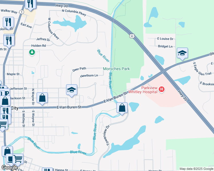 map of restaurants, bars, coffee shops, grocery stores, and more near 1001 Park Terrace Boulevard in Columbia City