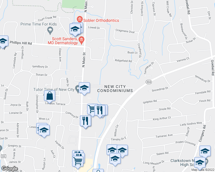 map of restaurants, bars, coffee shops, grocery stores, and more near Heritage Drive in New City