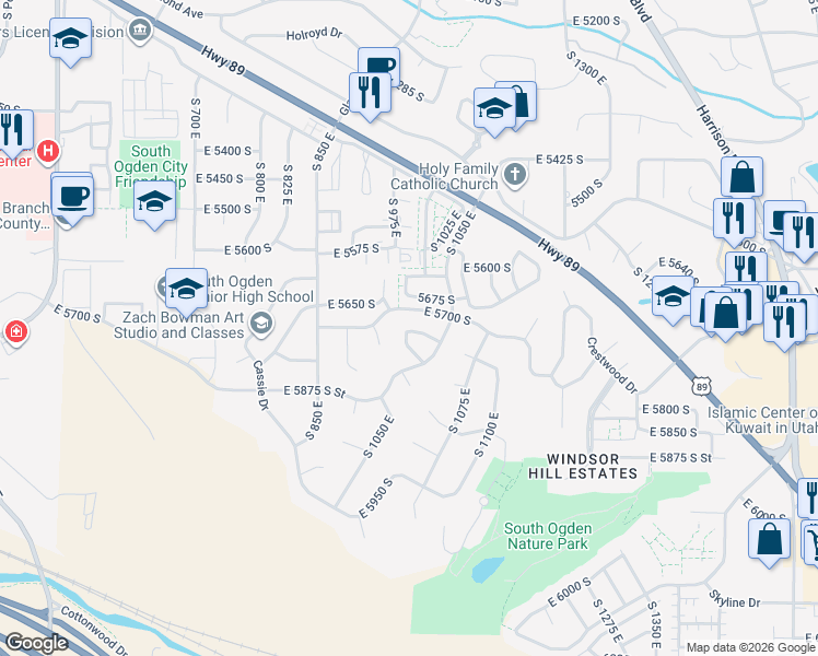 map of restaurants, bars, coffee shops, grocery stores, and more near 961 East 5700 South in Ogden