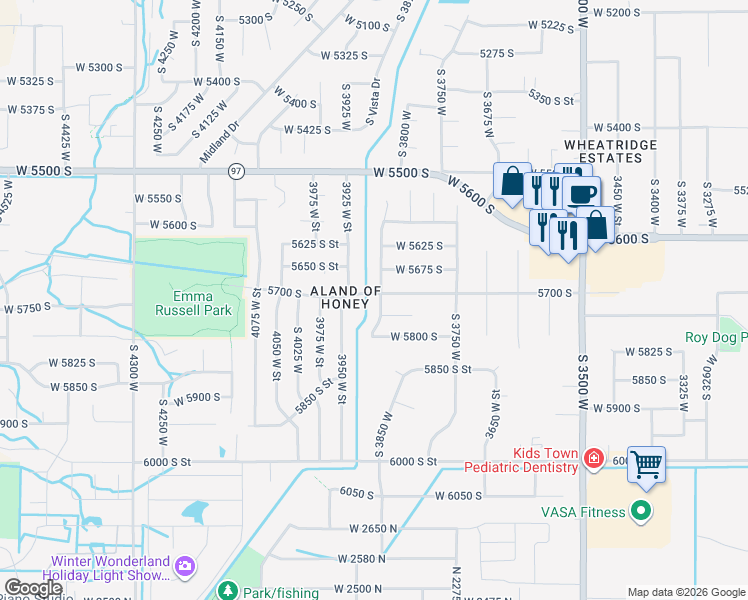 map of restaurants, bars, coffee shops, grocery stores, and more near 5694 3925 West Street in Roy