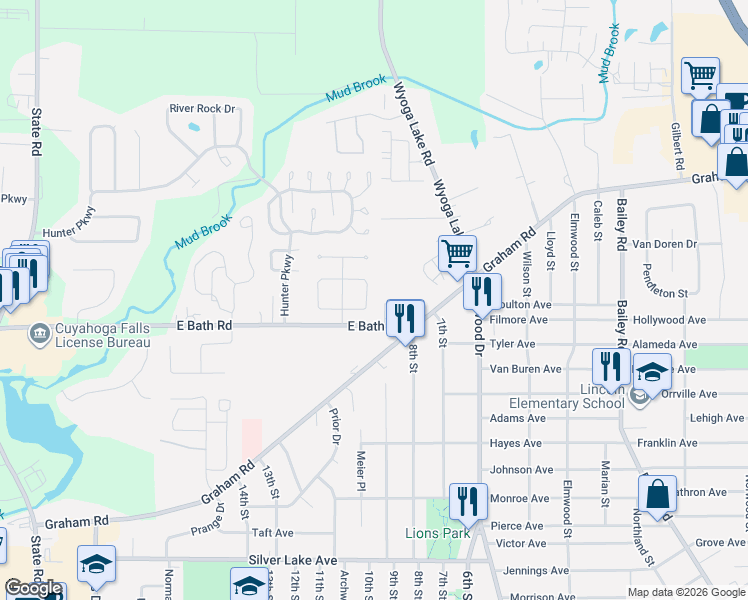map of restaurants, bars, coffee shops, grocery stores, and more near 465 East Bath Road in Cuyahoga Falls