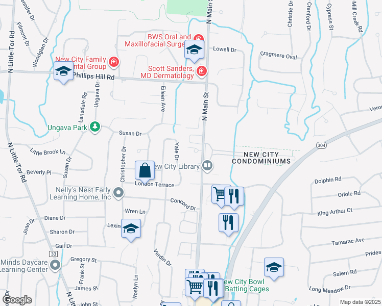 map of restaurants, bars, coffee shops, grocery stores, and more near 233 North Main Street in New City