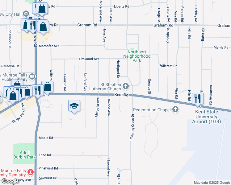 map of restaurants, bars, coffee shops, grocery stores, and more near 3663 Kent Road in Stow