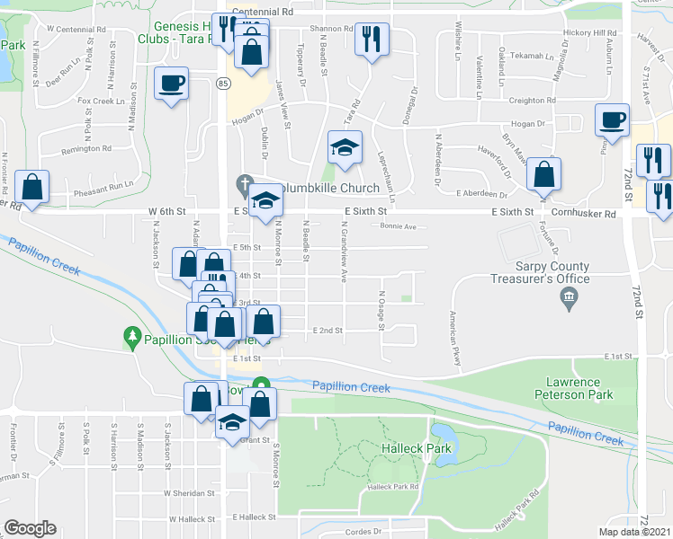 map of restaurants, bars, coffee shops, grocery stores, and more near 430 North Grandview Avenue in Papillion