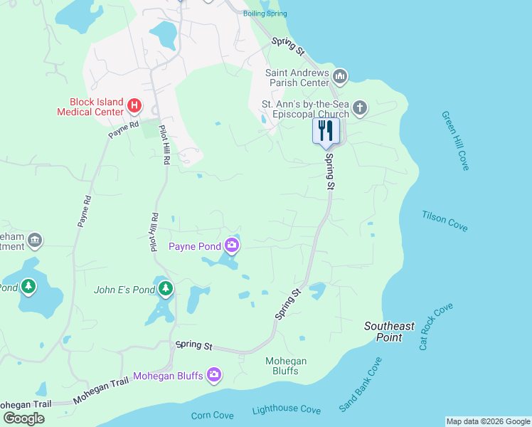 map of restaurants, bars, coffee shops, grocery stores, and more near 1666 Spring Street in New Shoreham