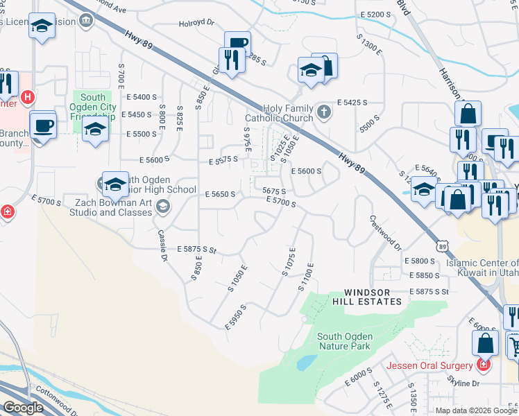 map of restaurants, bars, coffee shops, grocery stores, and more near 994 East 5750 South in Ogden