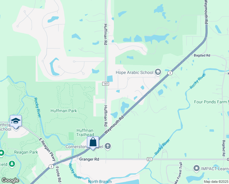 map of restaurants, bars, coffee shops, grocery stores, and more near 4195 Huffman Road in Medina