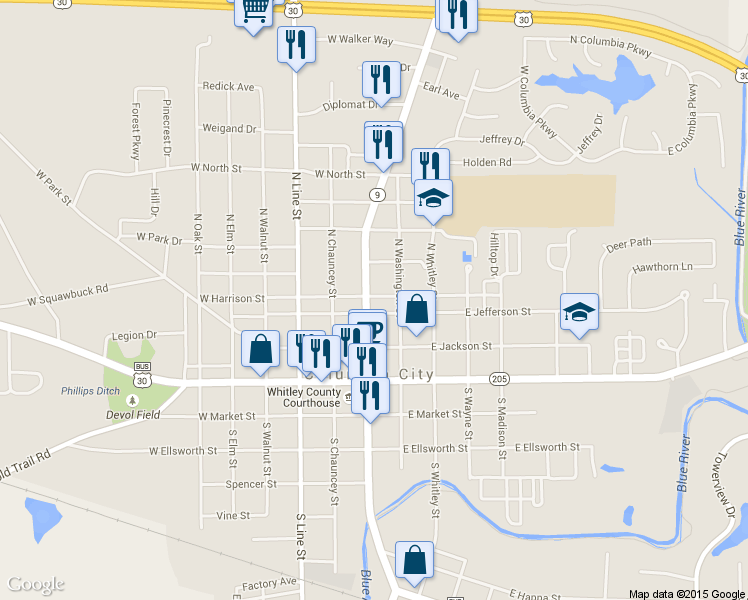 map of restaurants, bars, coffee shops, grocery stores, and more near 304 North Main Street in Columbia City