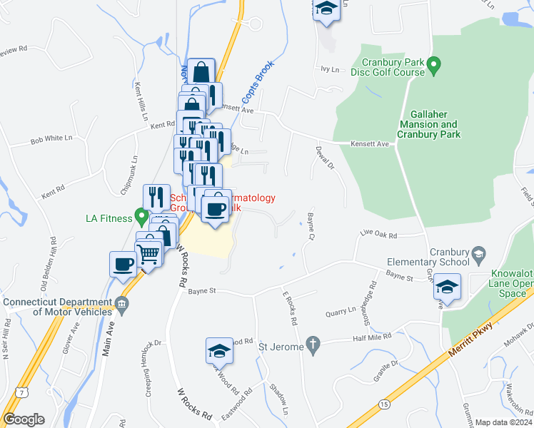 map of restaurants, bars, coffee shops, grocery stores, and more near 619 Foxboro Drive in Norwalk