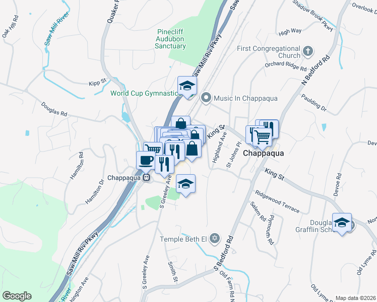 map of restaurants, bars, coffee shops, grocery stores, and more near 121 King Street in Chappaqua