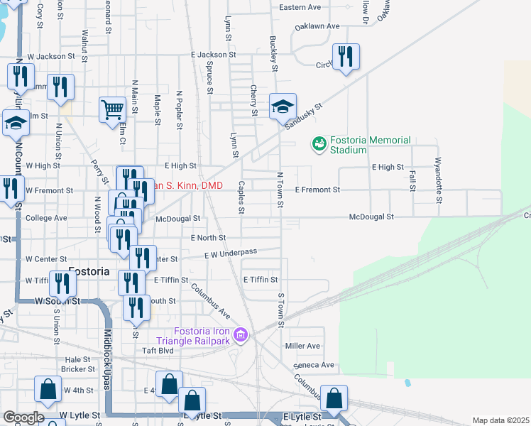 map of restaurants, bars, coffee shops, grocery stores, and more near 530 McDougal Street in Fostoria