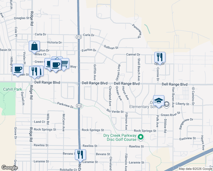 map of restaurants, bars, coffee shops, grocery stores, and more near 182 Big Sandy Circle in Cheyenne