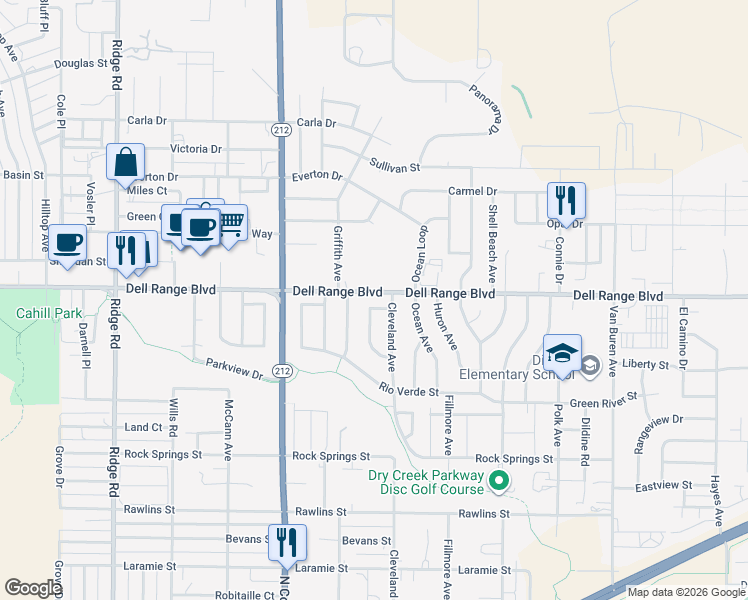 map of restaurants, bars, coffee shops, grocery stores, and more near 182 Big Sandy Circle in Cheyenne