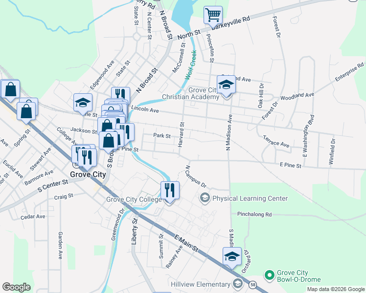 map of restaurants, bars, coffee shops, grocery stores, and more near 120 South Harvard Street in Grove City