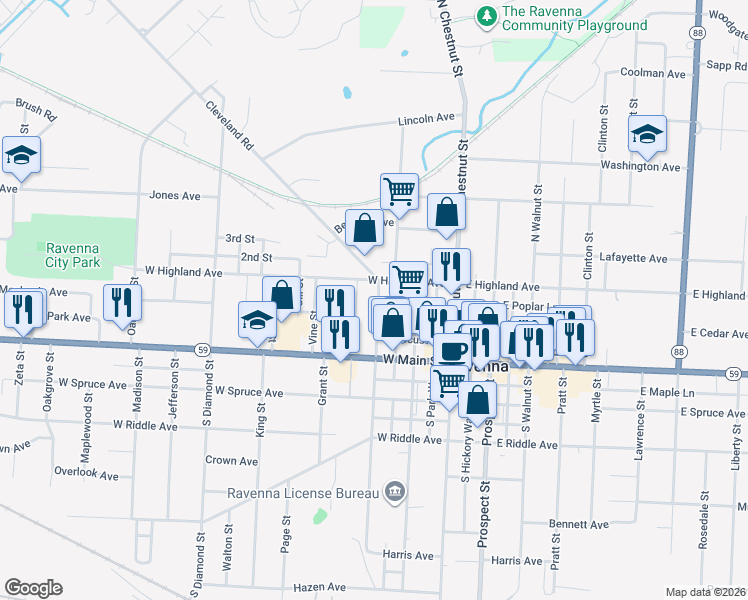 map of restaurants, bars, coffee shops, grocery stores, and more near 166 North Sycamore Street in Ravenna