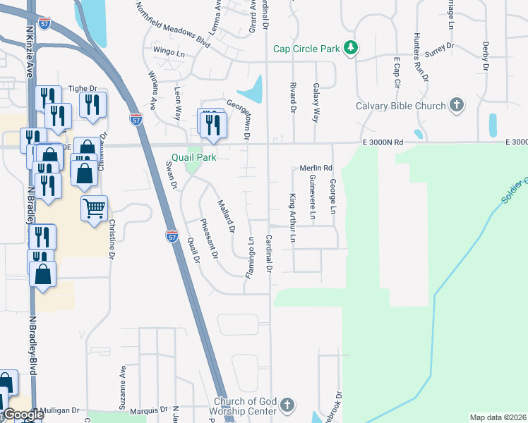 map of restaurants, bars, coffee shops, grocery stores, and more near 1137 North 2000E Road in Bradley