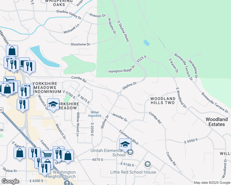 map of restaurants, bars, coffee shops, grocery stores, and more near 2342 East Combe Road in Ogden