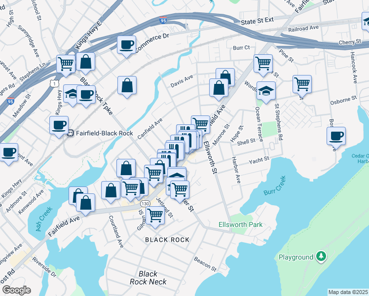 map of restaurants, bars, coffee shops, grocery stores, and more near 66 King Street in Bridgeport
