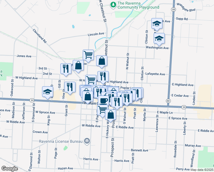map of restaurants, bars, coffee shops, grocery stores, and more near 231 North Chestnut Street in Ravenna