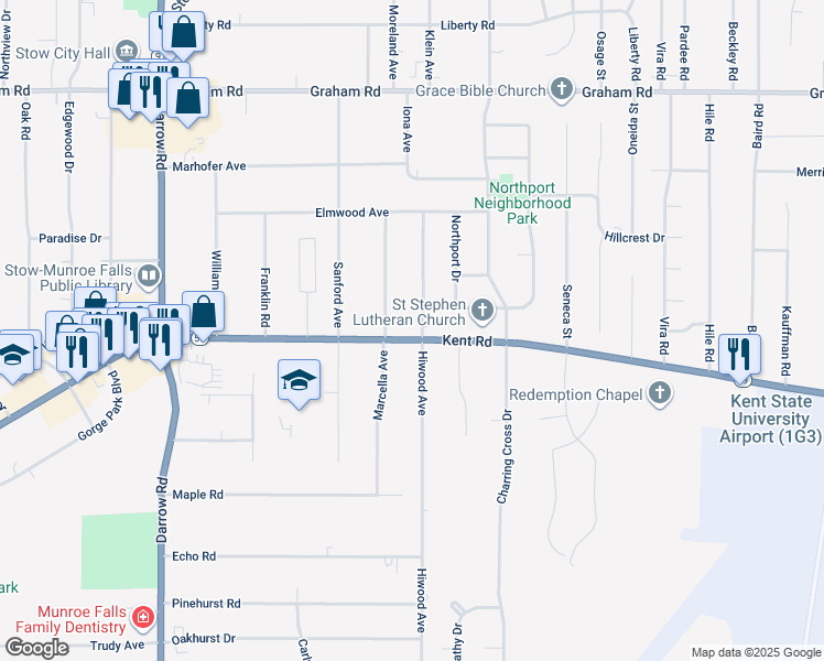 map of restaurants, bars, coffee shops, grocery stores, and more near 3596 Hiwood Avenue in Stow