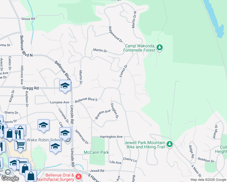 map of restaurants, bars, coffee shops, grocery stores, and more near 105 Forest Drive in Bellevue