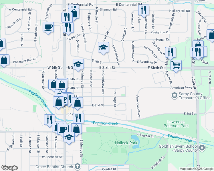map of restaurants, bars, coffee shops, grocery stores, and more near 509 East 5th Street in Papillion