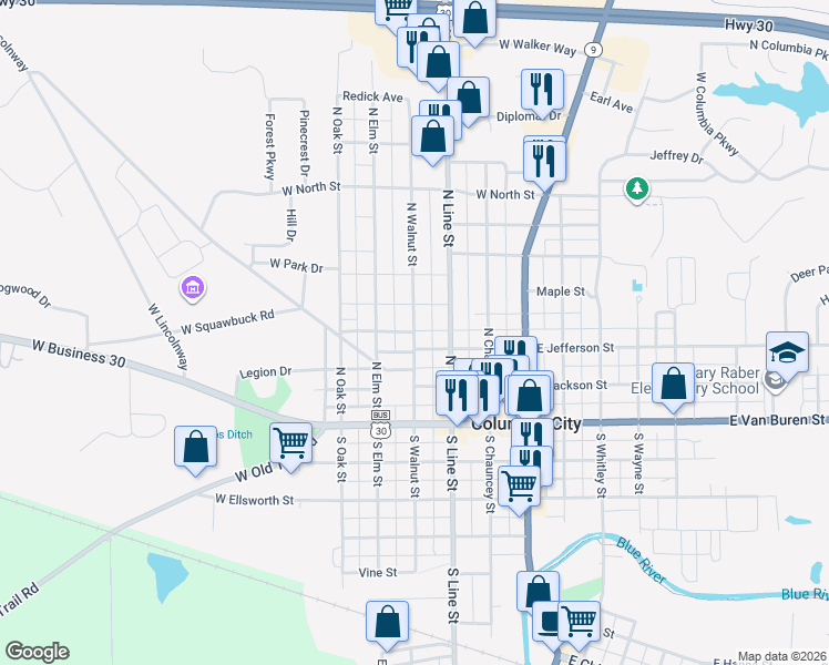 map of restaurants, bars, coffee shops, grocery stores, and more near 322 N Walnut St in Columbia City