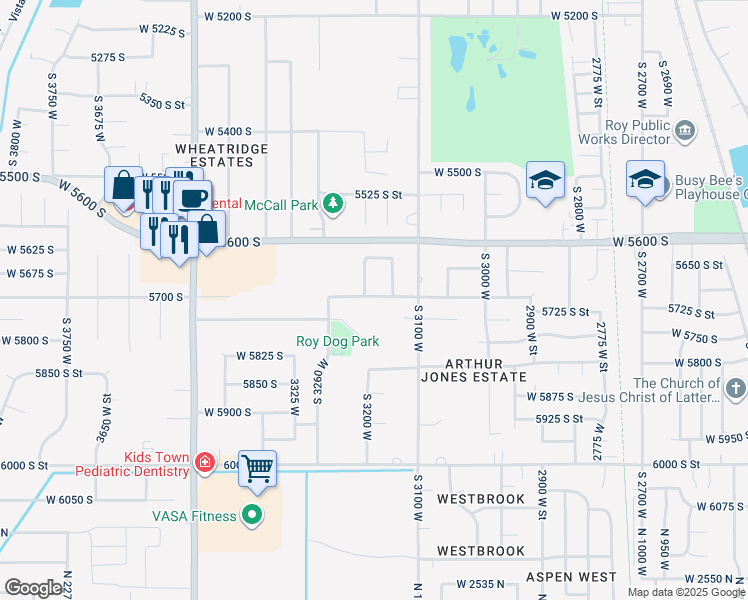 map of restaurants, bars, coffee shops, grocery stores, and more near 3171 West 5700 South in Roy