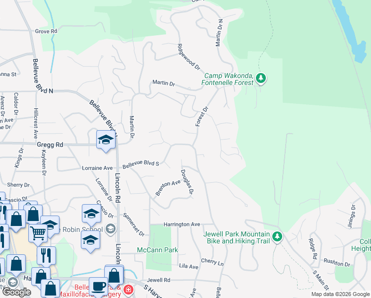 map of restaurants, bars, coffee shops, grocery stores, and more near 105 Forest Drive in Bellevue