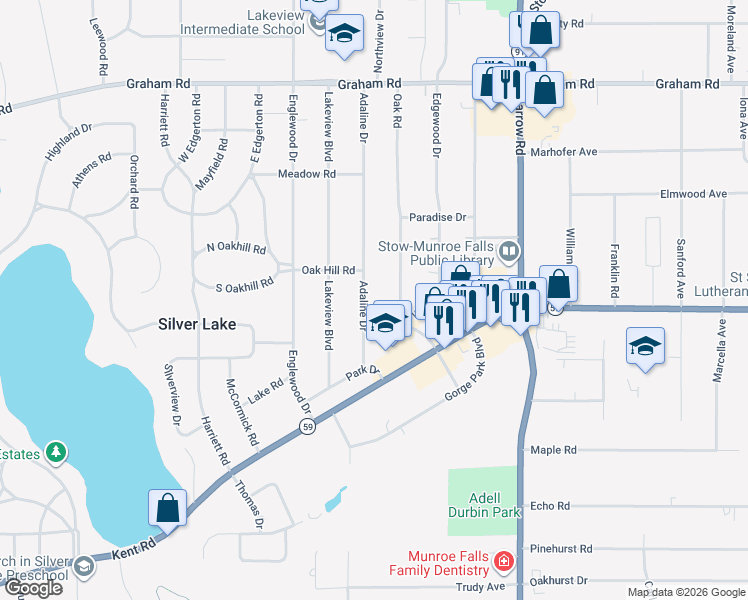 map of restaurants, bars, coffee shops, grocery stores, and more near 3439 Adaline Drive in Stow