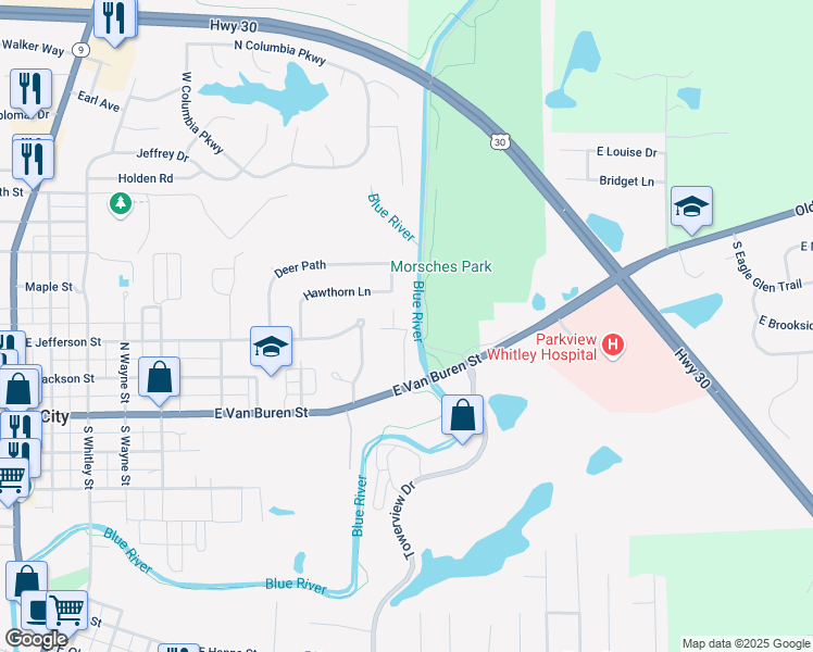 map of restaurants, bars, coffee shops, grocery stores, and more near 1001 Park Terrace Boulevard in Columbia City
