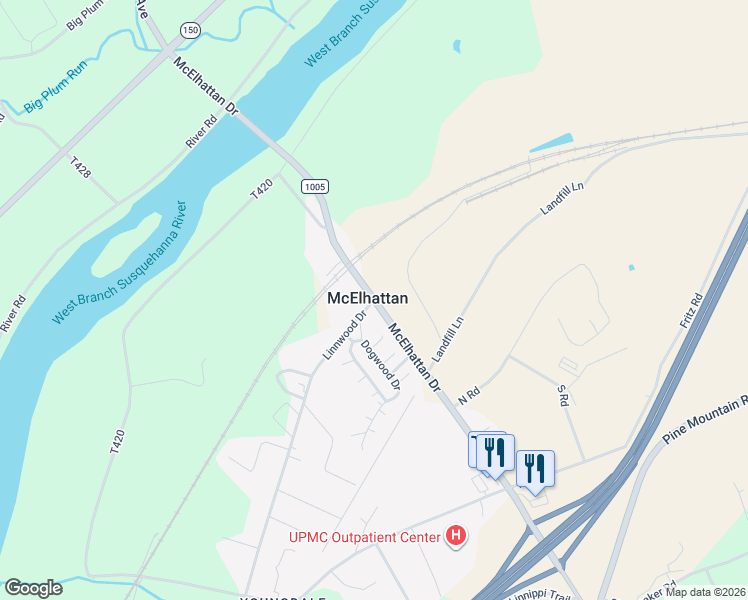 map of restaurants, bars, coffee shops, grocery stores, and more near McElhattan Dr in Lock Haven