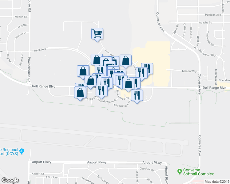 map of restaurants, bars, coffee shops, grocery stores, and more near 1806 Spring Court in Cheyenne