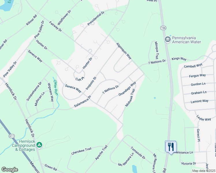 map of restaurants, bars, coffee shops, grocery stores, and more near 1116 7 Nations Drive in Tobyhanna
