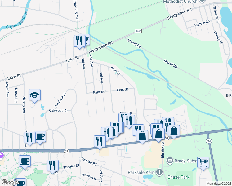 map of restaurants, bars, coffee shops, grocery stores, and more near 1656 Kent Street in Kent