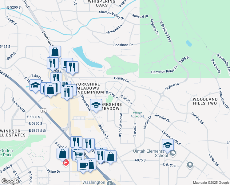 map of restaurants, bars, coffee shops, grocery stores, and more near 5659 Woodshire Court in Ogden
