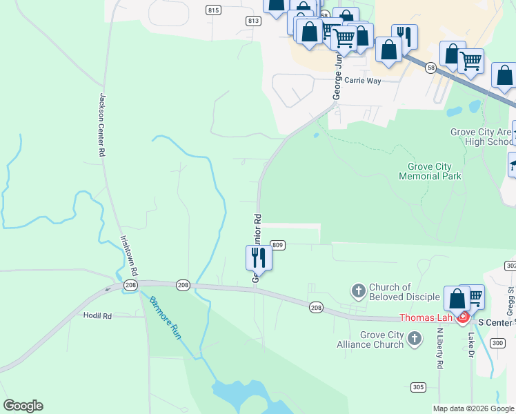 map of restaurants, bars, coffee shops, grocery stores, and more near 59 George Junior Road in Grove City