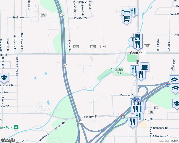 map of restaurants, bars, coffee shops, grocery stores, and more near 675 Esme Drive in Girard