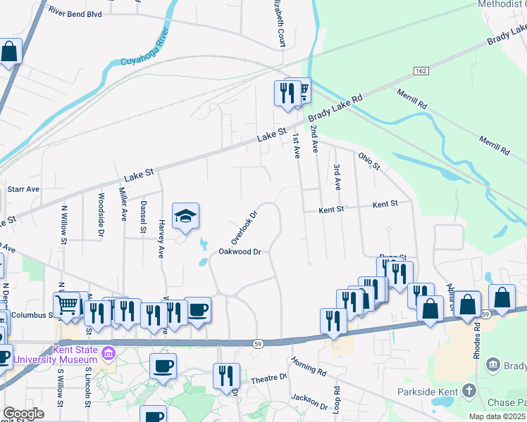 map of restaurants, bars, coffee shops, grocery stores, and more near 527 Overlook Drive in Kent