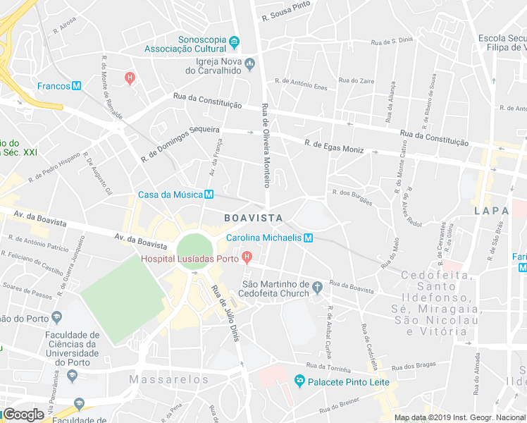 map of restaurants, bars, coffee shops, grocery stores, and more near Rua de Nossa Senhora de Fátima in Porto