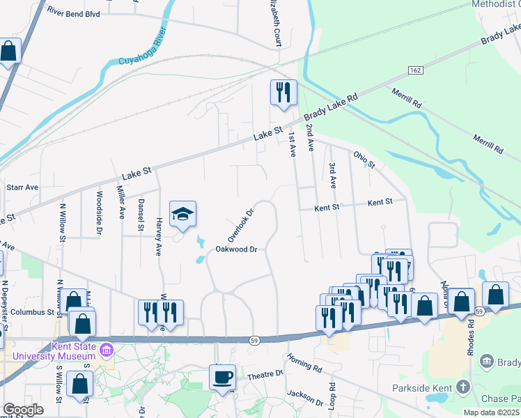 map of restaurants, bars, coffee shops, grocery stores, and more near 527 Overlook Drive in Kent