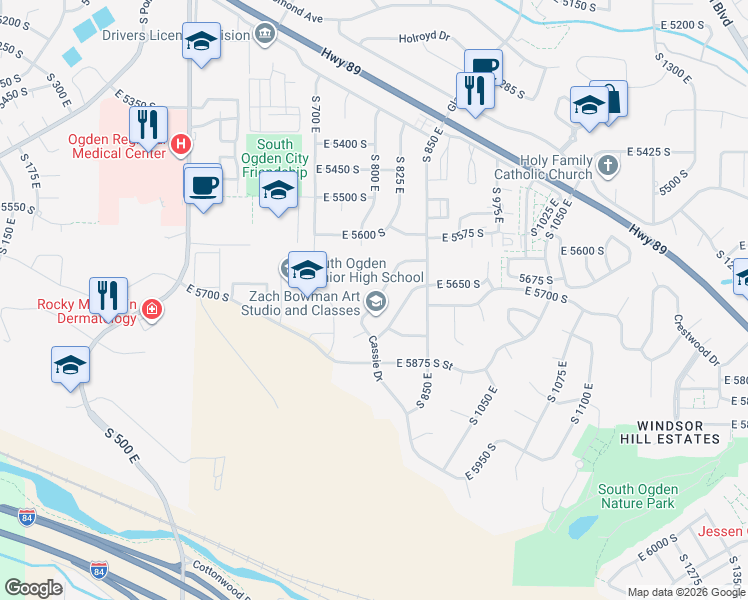 map of restaurants, bars, coffee shops, grocery stores, and more near 823 Cassie Drive in Ogden