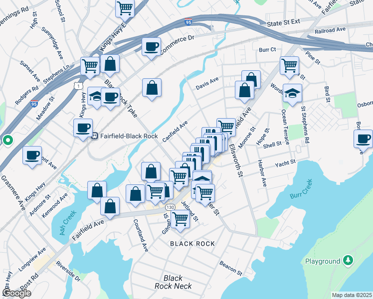 map of restaurants, bars, coffee shops, grocery stores, and more near 122 Princeton Street in Bridgeport