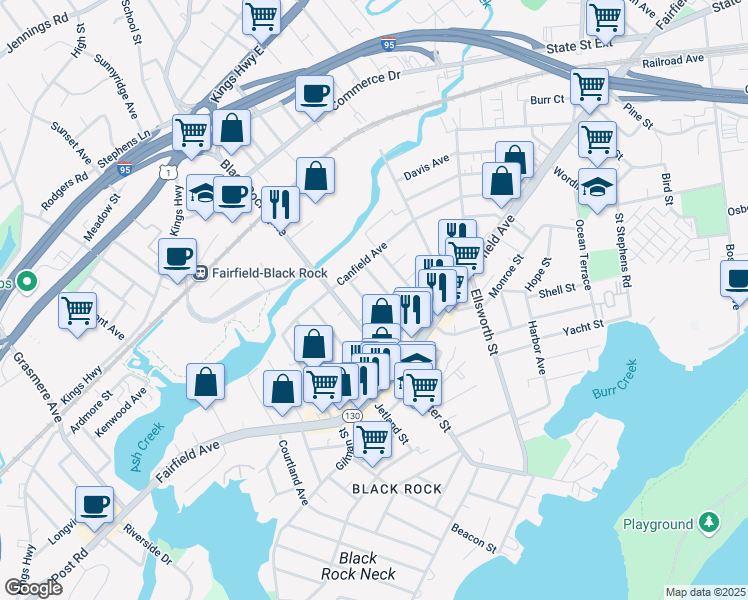map of restaurants, bars, coffee shops, grocery stores, and more near 122 Princeton Street in Bridgeport