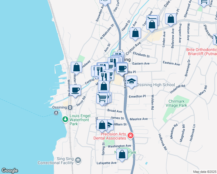 map of restaurants, bars, coffee shops, grocery stores, and more near 8 Maple Place in Ossining
